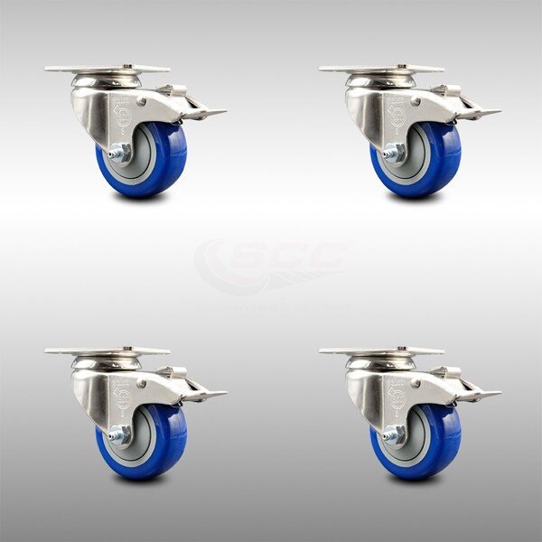 Service Caster 3 Inch 316SS Blue Polyurethane Swivel Top Plate Caster Set Total Lock Brake SCC SCC-SS316TTL20S314-PPUB-BLUE-4 - main